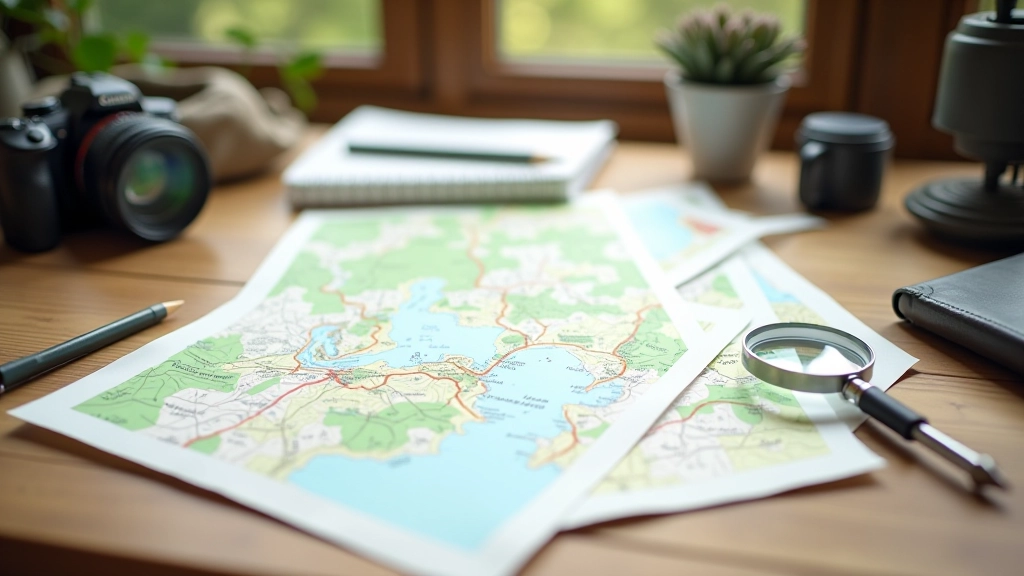 Žemėlapis pėsčiųjų takų išdėtas ant medinio stalo, magnifying glass šalia, planavimo užrašai, šviesi birželio šviesa